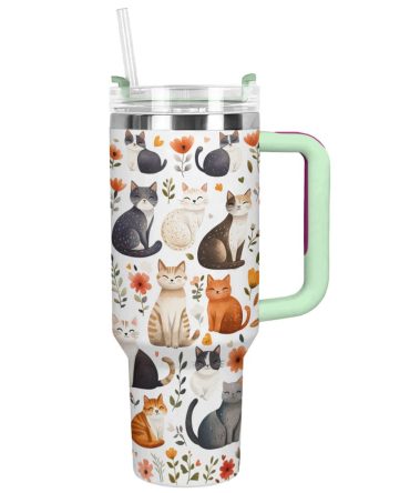 Cute Cat Shaped For Travel Custom Stanley Quencher 40Oz Stainless Steel Tumbler With Handle