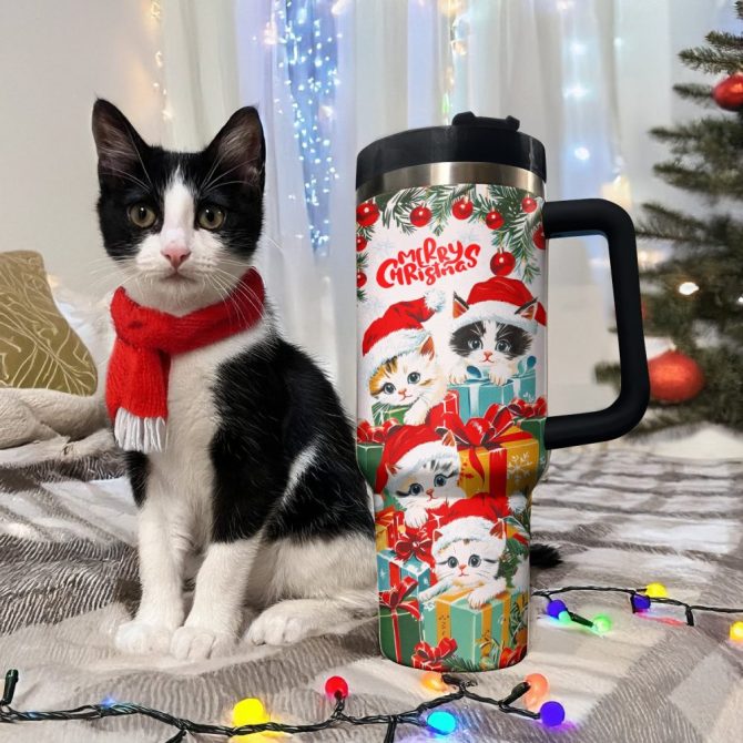Cute Christmas Kitten Custom Stanley Quencher 40Oz Stainless Steel Tumbler With Handle - Image 2