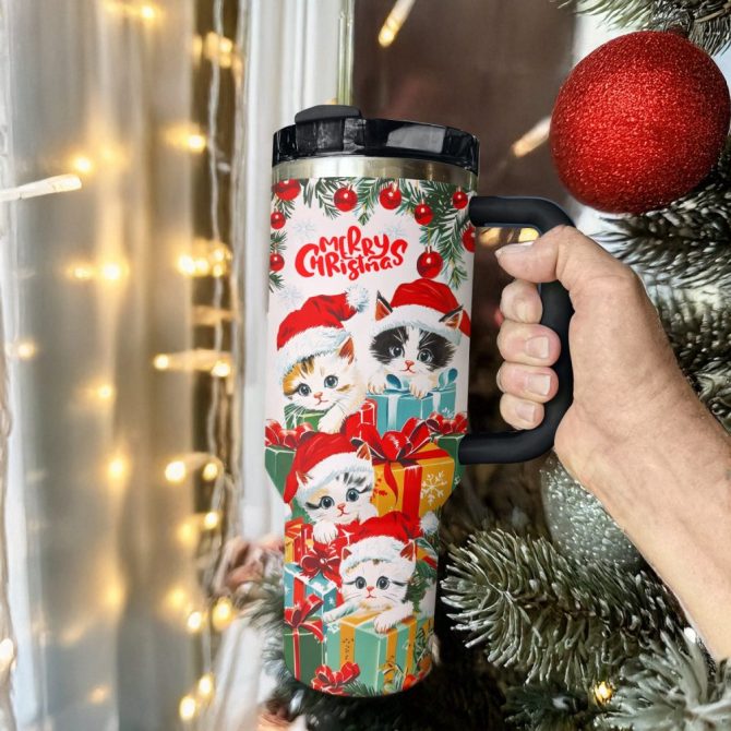 Cute Christmas Kitten Custom Stanley Quencher 40Oz Stainless Steel Tumbler With Handle - Image 3