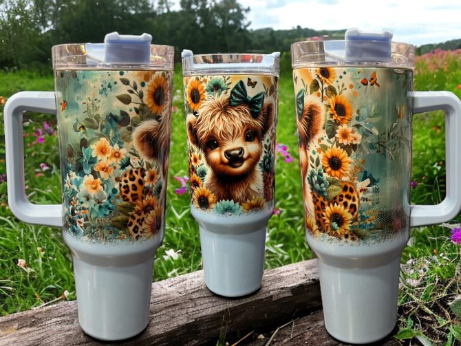 Cute Cow Sunflowers Custom Stanley Quencher 40Oz Stainless Steel Tumbler