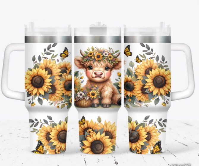 Cute Cow Sunflowers Custom Stanley Quencher 40Oz Stainless Steel Tumbler With Handle