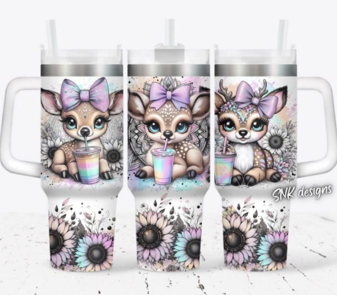 Cute Deer Flower Custom Stanley Quencher 40Oz Stainless Steel Tumbler With Handle