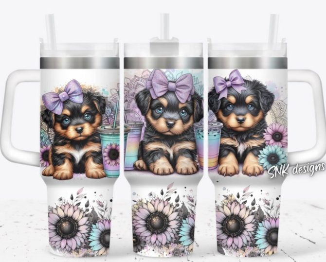 Cute Dog Flower Custom Stanley Quencher 40Oz Stainless Steel Tumbler With Handle