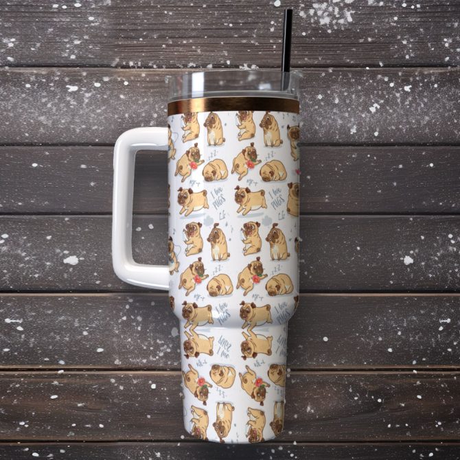 Cute Pug Dog Custom Stanley Quencher 40Oz Stainless Steel Tumbler With Handle - Image 2