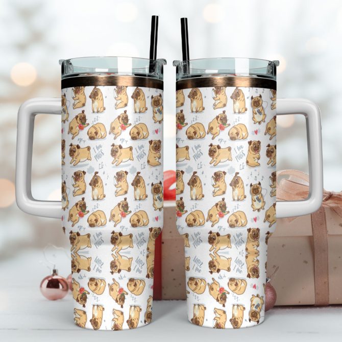 Cute Pug Dog Custom Stanley Quencher 40Oz Stainless Steel Tumbler With Handle - Image 4