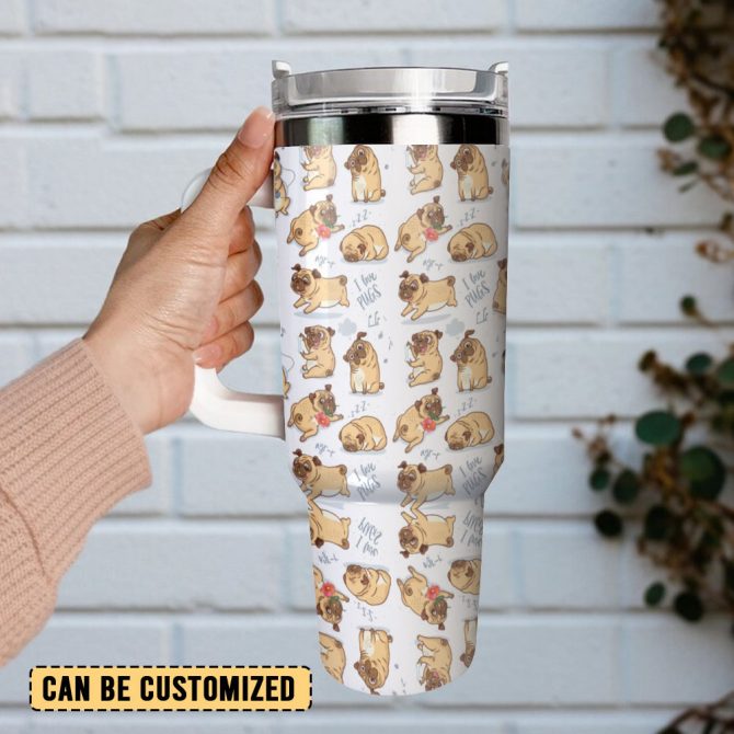 Cute Pug Dog Custom Stanley Quencher 40Oz Stainless Steel Tumbler With Handle - Image 3