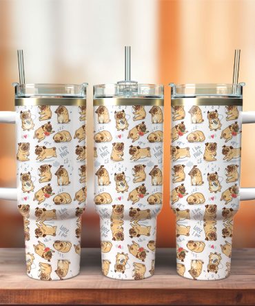 Cute Pug Dog Custom Stanley Quencher 40Oz Stainless Steel Tumbler With Handle