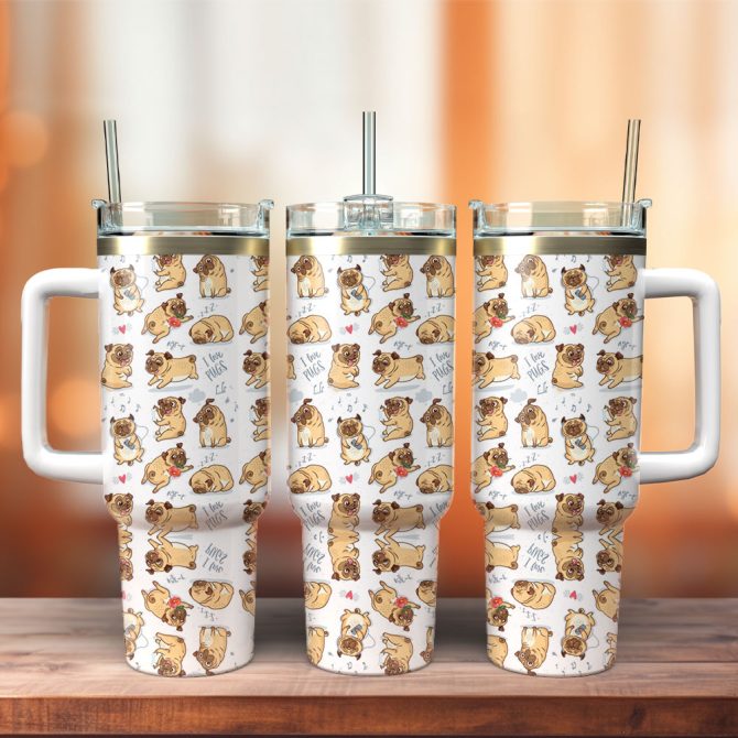 Cute Pug Dog Custom Stanley Quencher 40Oz Stainless Steel Tumbler With Handle