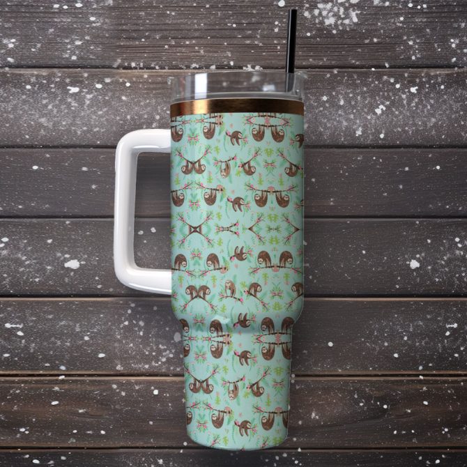 Cute Sloth Floral Custom Stanley Quencher 40Oz Stainless Steel Tumbler With Handle - Image 2