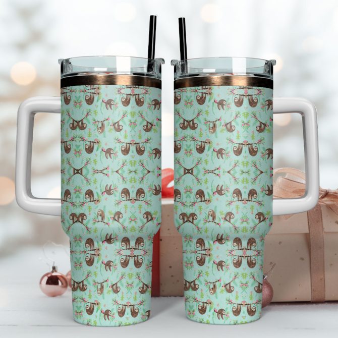 Cute Sloth Floral Custom Stanley Quencher 40Oz Stainless Steel Tumbler With Handle - Image 4