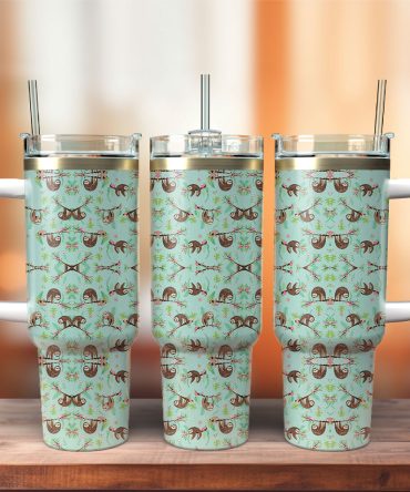 Cute Sloth Floral Custom Stanley Quencher 40Oz Stainless Steel Tumbler With Handle
