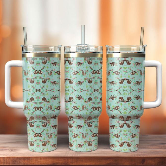 Cute Sloth Floral Custom Stanley Quencher 40Oz Stainless Steel Tumbler With Handle