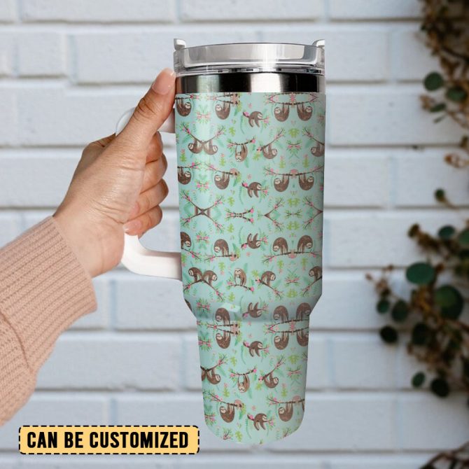 Cute Sloth Floral Custom Stanley Quencher 40Oz Stainless Steel Tumbler With Handle - Image 3