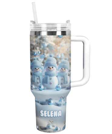 Cute Snowman Triplet Christmas Custom Stanley Quencher 40Oz Stainless Steel Tumbler With Handle