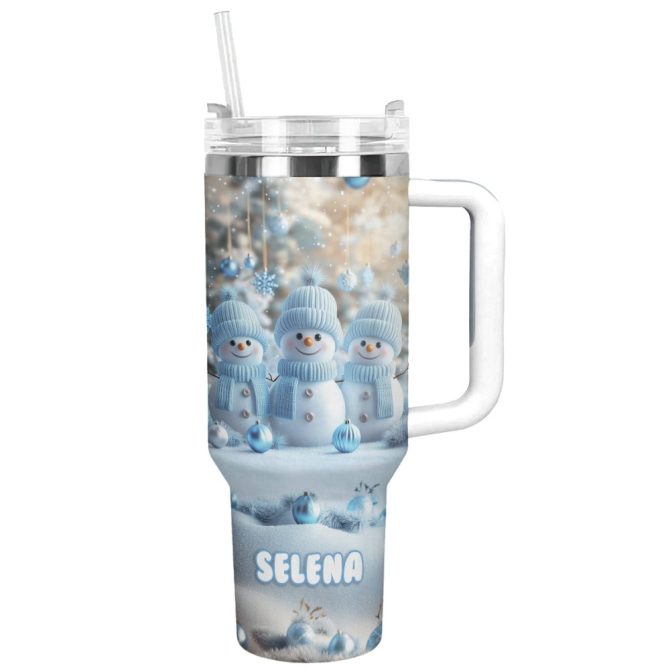 Cute Snowman Triplet Christmas Custom Stanley Quencher 40Oz Stainless Steel Tumbler With Handle