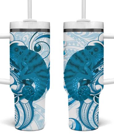 Cyan And White Hawaii Chameleon Plumeria Polynesian Tribal Art Custom Stanley Quencher 40Oz Stainless Steel Tumbler With Handle
