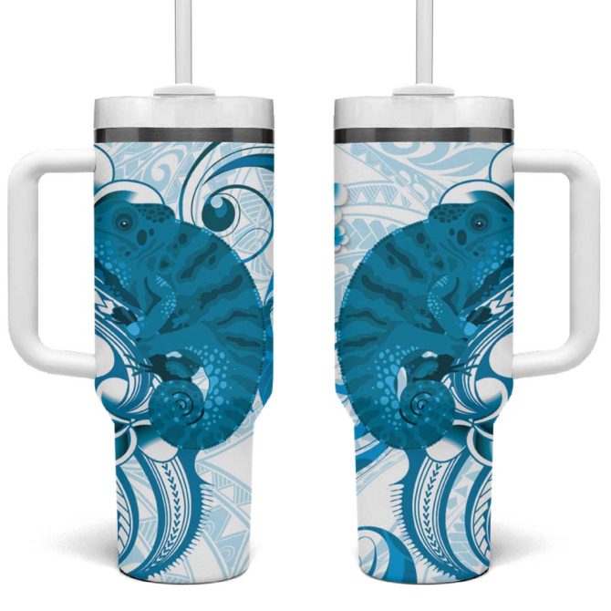 Cyan And White Hawaii Chameleon Plumeria Polynesian Tribal Art Custom Stanley Quencher 40Oz Stainless Steel Tumbler With Handle