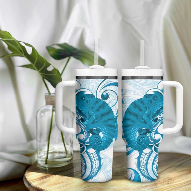 Cyan And White Hawaii Chameleon Plumeria Polynesian Tribal Art Custom Stanley Quencher 40Oz Stainless Steel Tumbler With Handle - Image 9
