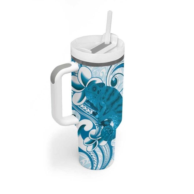 Cyan And White Hawaii Chameleon Plumeria Polynesian Tribal Art Custom Stanley Quencher 40Oz Stainless Steel Tumbler With Handle - Image 2