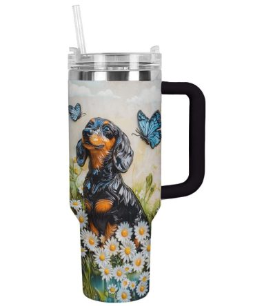 Dachshund Dog And Flower Custom Stanley Quencher 40Oz Stainless Steel Tumbler With Handle