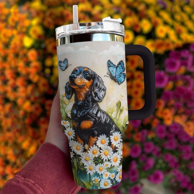 Dachshund Dog And Flower Custom Stanley Quencher 40Oz Stainless Steel Tumbler With Handle - Image 2