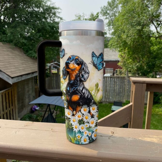 Dachshund Dog And Flower Custom Stanley Quencher 40Oz Stainless Steel Tumbler With Handle - Image 4