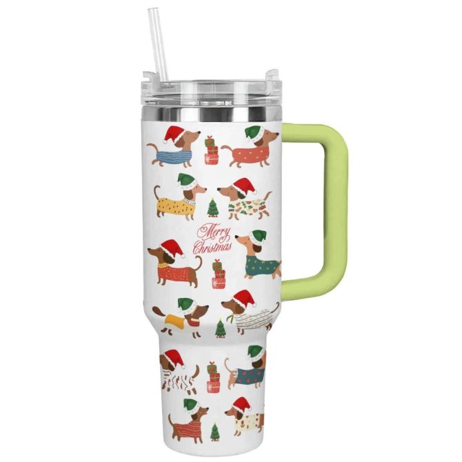Dachshund Holiday Cheer Christmas Custom Stanley Quencher 40Oz Stainless Steel Tumbler With Handle