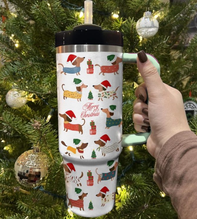 Dachshund Holiday Cheer Christmas Custom Stanley Quencher 40Oz Stainless Steel Tumbler With Handle - Image 3