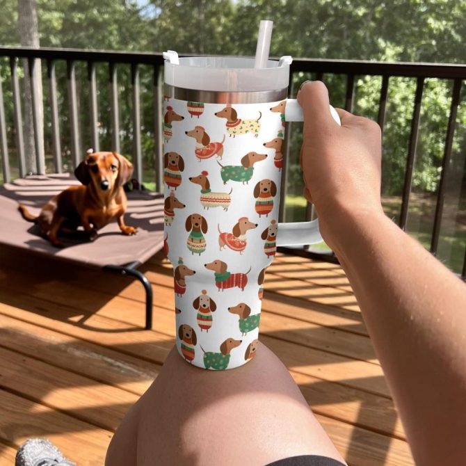 Dachshund In Christmas Sweater Custom Stanley Quencher 40Oz Stainless Steel Tumbler With Handle - Image 2