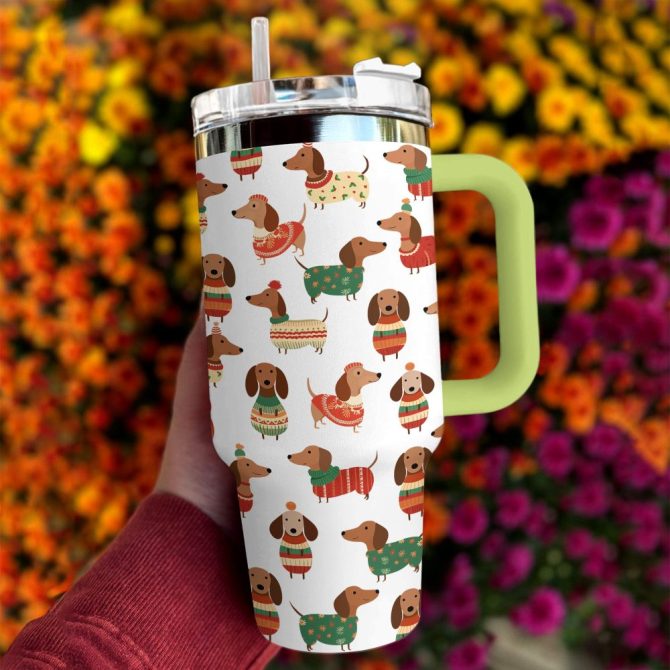 Dachshund In Christmas Sweater Custom Stanley Quencher 40Oz Stainless Steel Tumbler With Handle - Image 3
