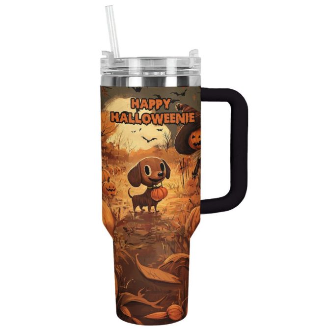 Dachshund On Halloween Midnight Custom Stanley Quencher 40Oz Stainless Steel Tumbler With Handle - Image 11