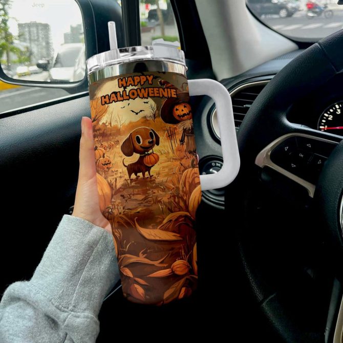 Dachshund On Halloween Midnight Custom Stanley Quencher 40Oz Stainless Steel Tumbler With Handle - Image 3
