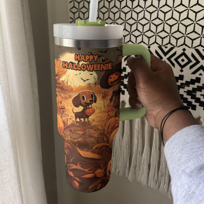 Dachshund On Halloween Midnight Custom Stanley Quencher 40Oz Stainless Steel Tumbler With Handle - Image 4