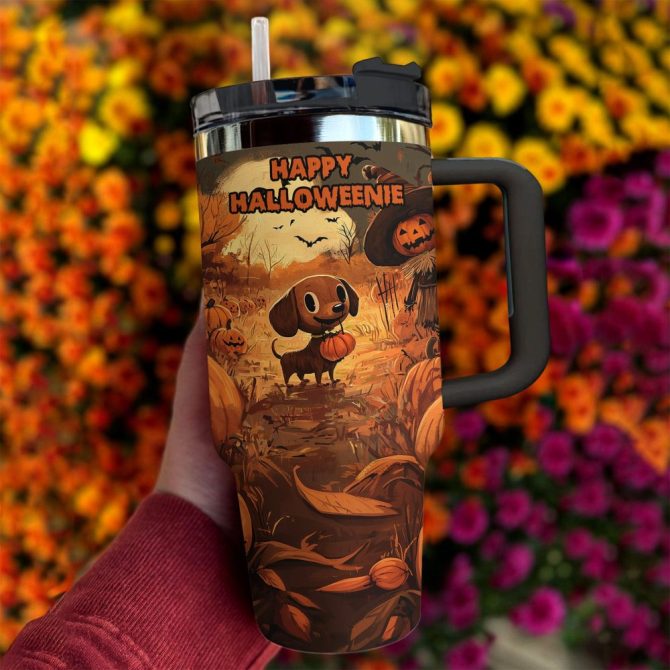 Dachshund On Halloween Midnight Custom Stanley Quencher 40Oz Stainless Steel Tumbler With Handle - Image 2