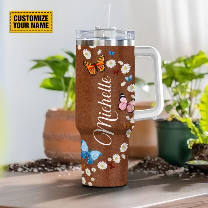 Daisy Butterfly Faith Custom Stanley Quencher 40Oz Stainless Steel Tumbler With Handle - Image 3