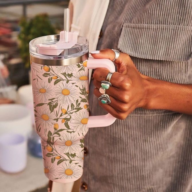Daisy Floral Custom Stanley Quencher 40Oz Stainless Steel Tumbler