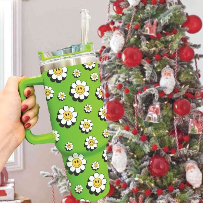 Daisy Floral Smile Custom Stanley Quencher 40Oz Stainless Steel Tumbler
