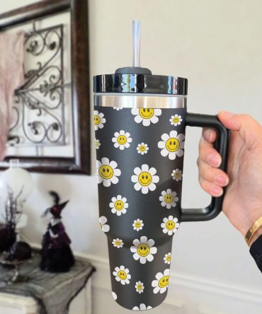 Daisy Floral Smile Custom Stanley Quencher 40Oz Stainless Steel Tumbler