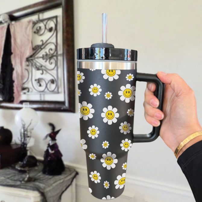 Daisy Floral Smile Custom Stanley Quencher 40Oz Stainless Steel Tumbler