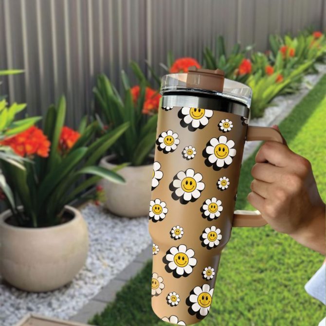 Daisy Floral Smile Custom Stanley Quencher 40Oz Stainless Steel Tumbler