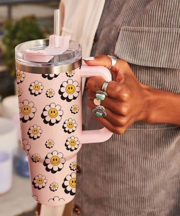 Daisy Floral Smile Custom Stanley Quencher 40Oz Stainless Steel Tumbler
