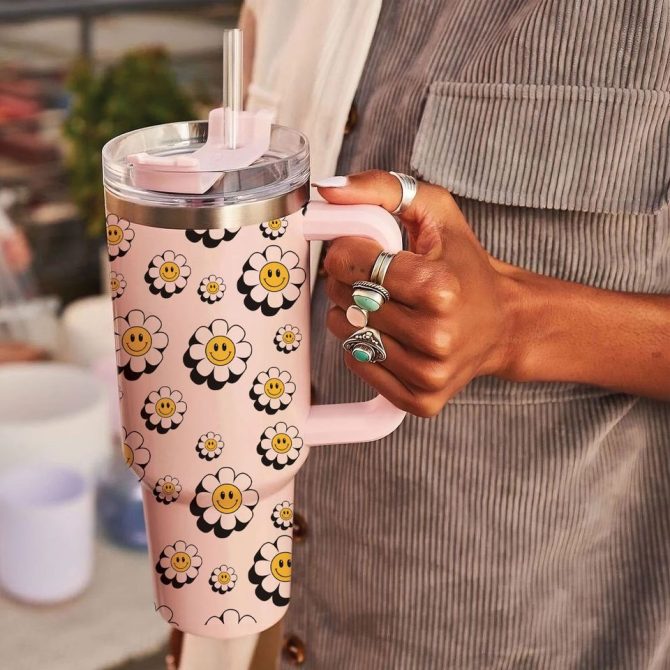 Daisy Floral Smile Custom Stanley Quencher 40Oz Stainless Steel Tumbler