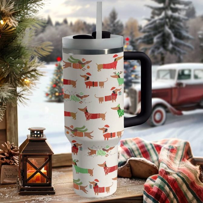 Dapper Dachshund Christmas Custom Stanley Quencher 40Oz Stainless Steel Tumbler With Handle - Image 3