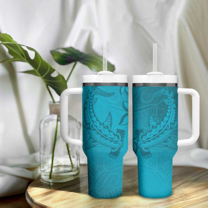 Dark Cyan Gradient Polynesia Hawaiian Tribal Hammerhead Shark Tattoo Custom Stanley Quencher 40Oz Stainless Steel Tumbler With Handle - Image 9