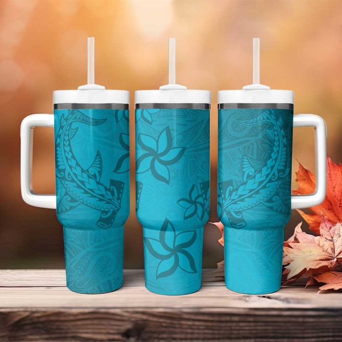 Dark Cyan Gradient Polynesia Hawaiian Tribal Hammerhead Shark Tattoo Custom Stanley Quencher 40Oz Stainless Steel Tumbler With Handle - Image 4