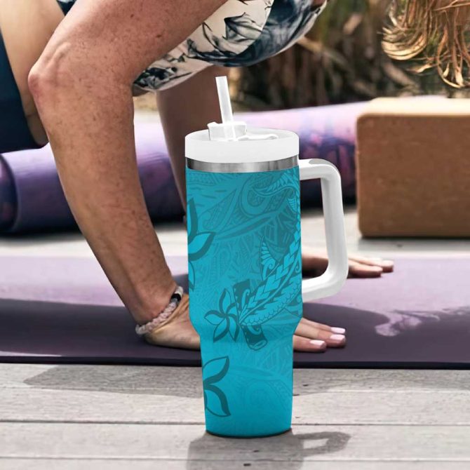 Dark Cyan Gradient Polynesia Hawaiian Tribal Hammerhead Shark Tattoo Custom Stanley Quencher 40Oz Stainless Steel Tumbler With Handle - Image 6