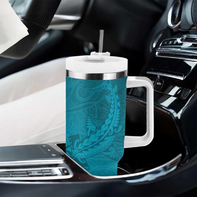 Dark Cyan Gradient Polynesia Hawaiian Tribal Hammerhead Shark Tattoo Custom Stanley Quencher 40Oz Stainless Steel Tumbler With Handle - Image 8