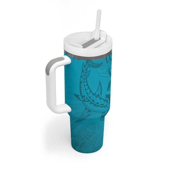 Dark Cyan Gradient Polynesia Hawaiian Tribal Hammerhead Shark Tattoo Custom Stanley Quencher 40Oz Stainless Steel Tumbler With Handle - Image 2