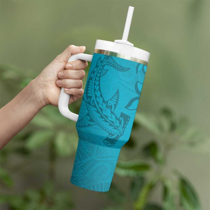Dark Cyan Gradient Polynesia Hawaiian Tribal Hammerhead Shark Tattoo Custom Stanley Quencher 40Oz Stainless Steel Tumbler With Handle - Image 3