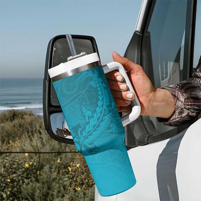 Dark Cyan Gradient Polynesia Hawaiian Tribal Hammerhead Shark Tattoo Custom Stanley Quencher 40Oz Stainless Steel Tumbler With Handle - Image 7